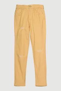 Girls Distressed Detail Skinny Leg Twill Pants, Khaki, Size 12