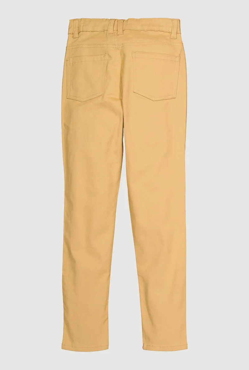 Girls Distressed Detail Skinny Leg Twill Pants, Khaki, Size 12