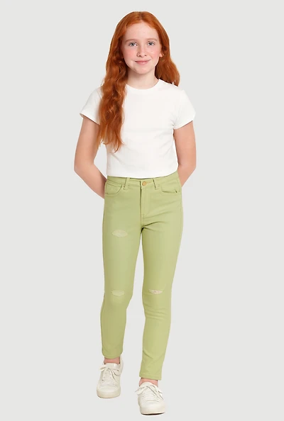 Girls Distressed Detail Skinny Leg Twill Pants, Green, Size 10