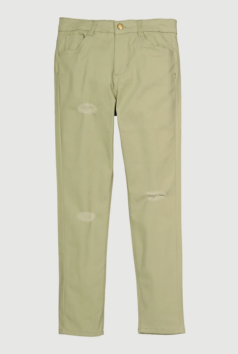 Girls Distressed Detail Skinny Leg Twill Pants, Green, Size 10