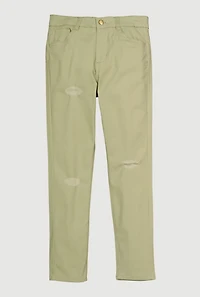 Girls Distressed Detail Skinny Leg Twill Pants, Green, Size 10
