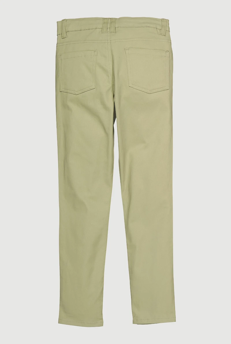 Girls Distressed Detail Skinny Leg Twill Pants, Green, Size 10