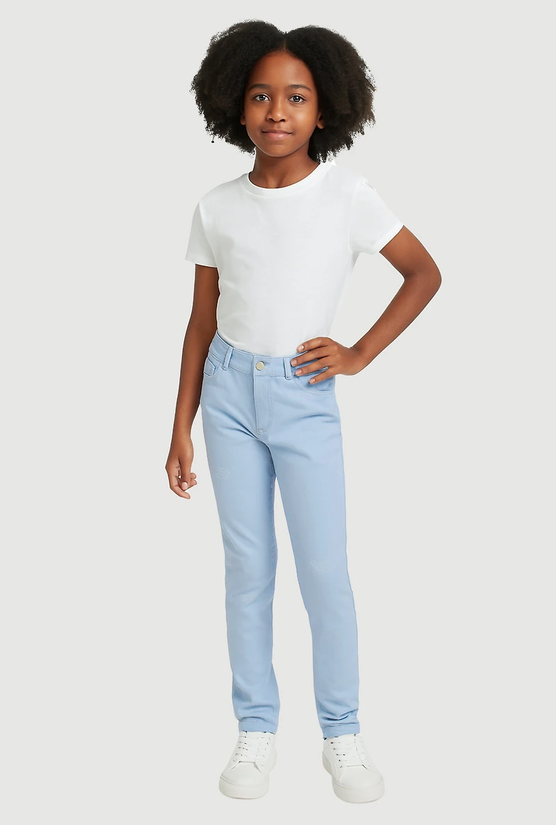 Girls Distressed Detail Skinny Leg Twill Pants, Blue, Size 10
