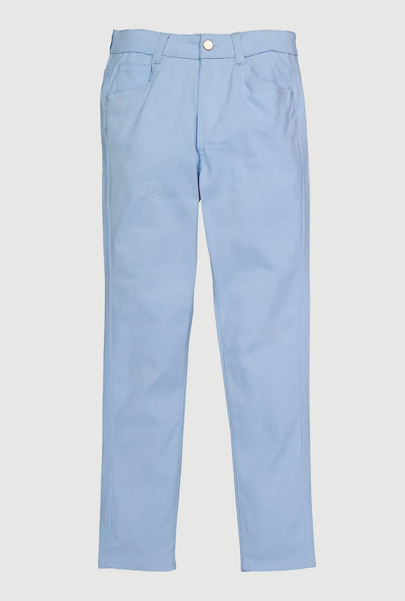 Girls Distressed Detail Skinny Leg Twill Pants, Blue, Size 10