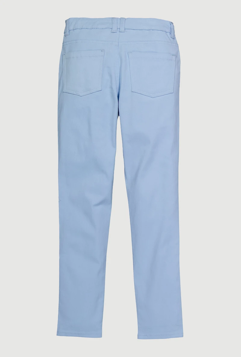 Girls Distressed Detail Skinny Leg Twill Pants, Blue, Size 10