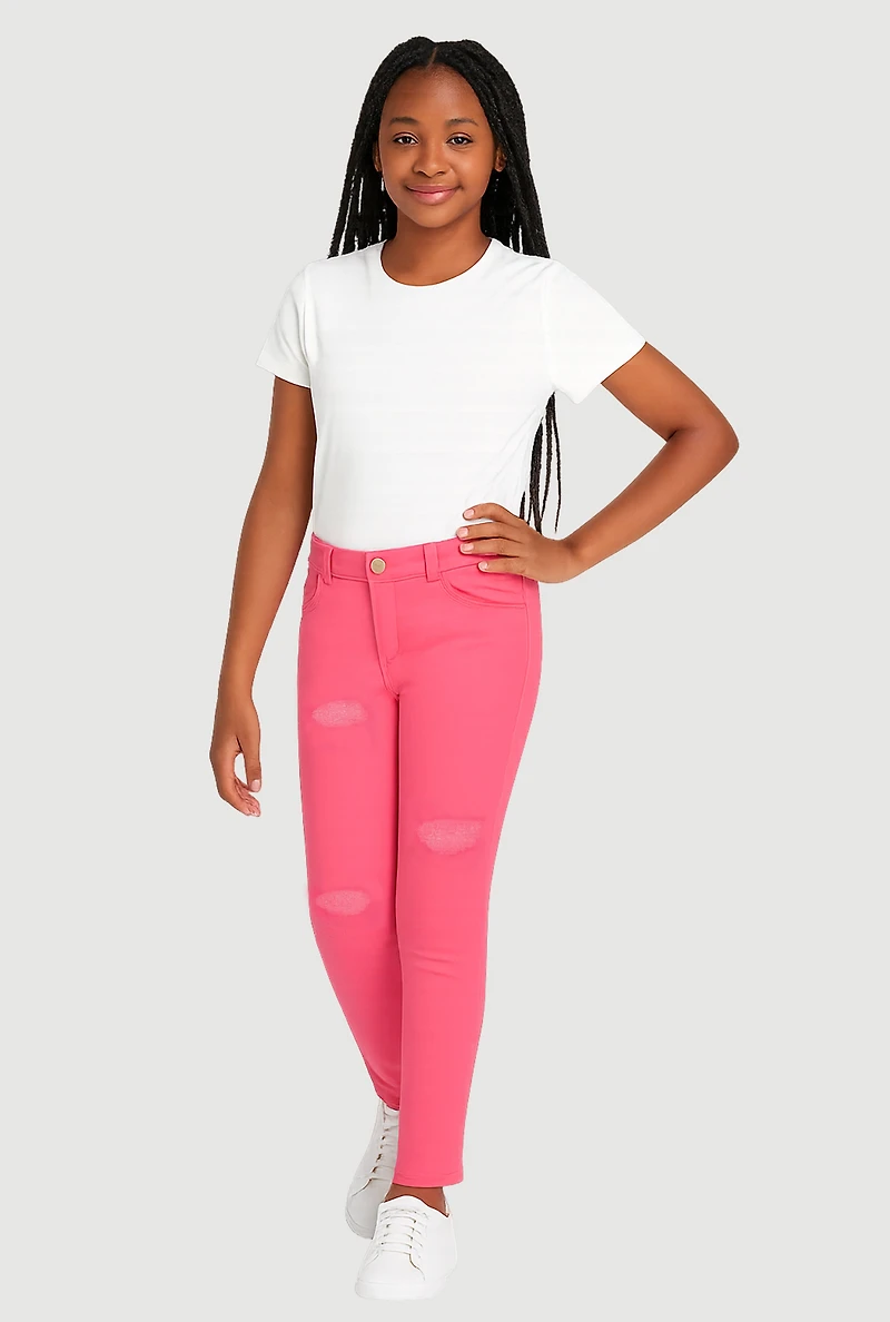 Girls Distressed Detail Skinny Leg Twill Pants