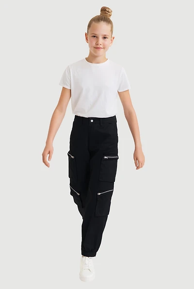 Girls Twill Zip Cargo Pocket Utility Joggers, Black, Size 10