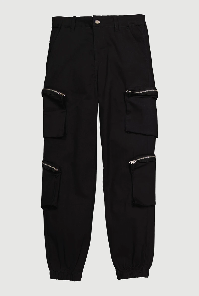 Girls Twill Zip Cargo Pocket Utility Joggers, Black, Size 10
