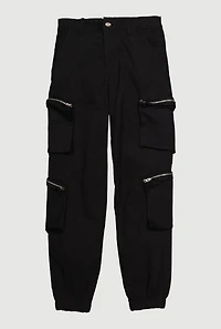 Girls Twill Zip Cargo Pocket Utility Joggers, Black, Size 7-8