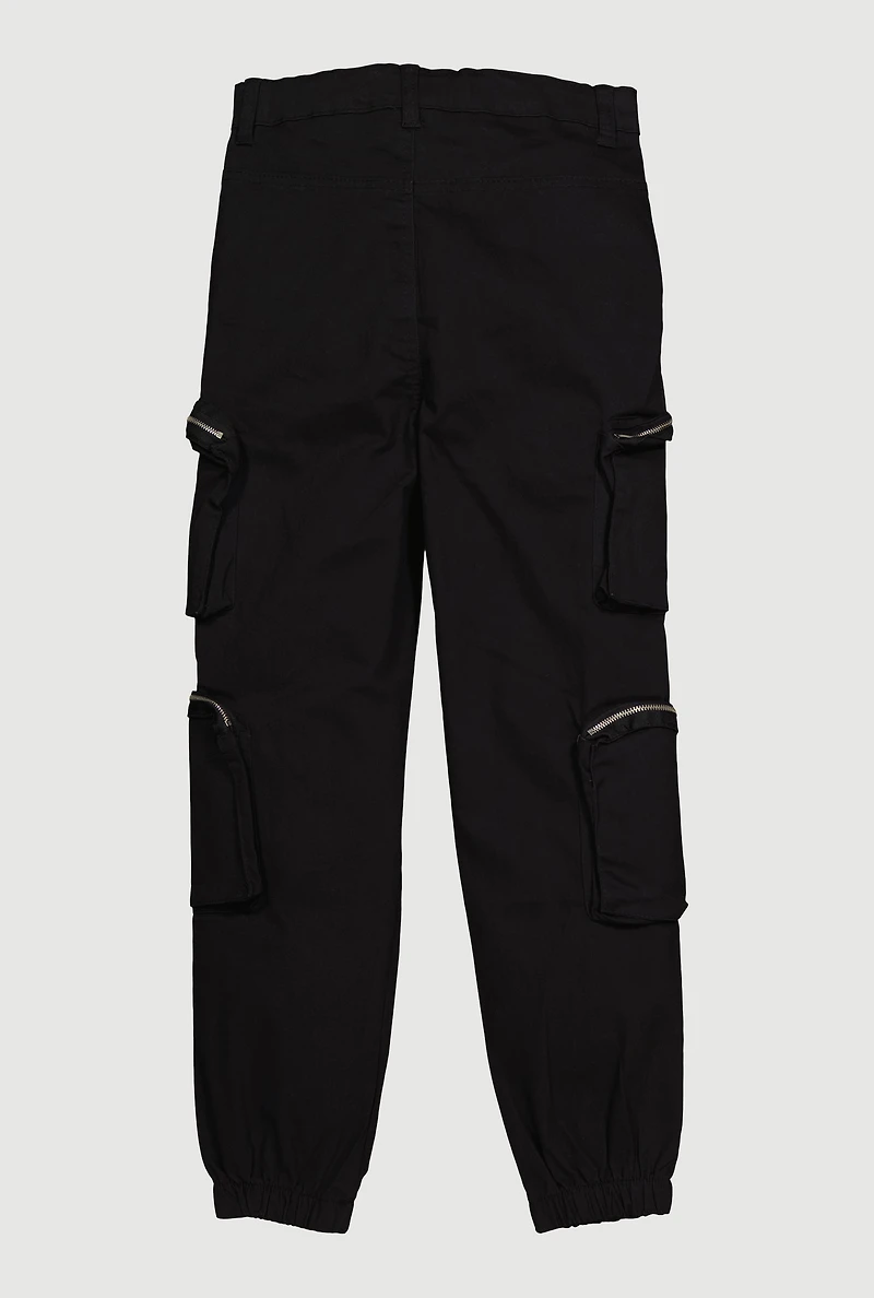 Girls Twill Zip Cargo Pocket Utility Joggers, Black, Size 10
