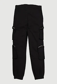 Girls Twill Zip Cargo Pocket Utility Joggers, Black, Size 10