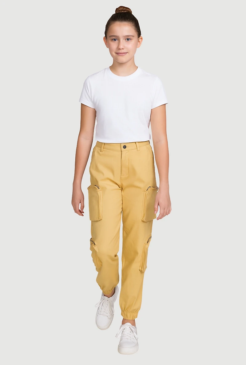 Girls Twill Zip Cargo Pocket Utility Joggers, Khaki, Size 12