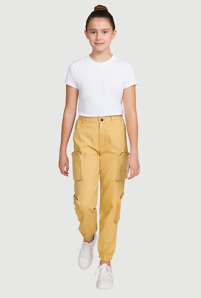 Girls Twill Zip Cargo Pocket Utility Joggers, Khaki, Size 12