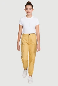 Girls Twill Zip Cargo Pocket Utility Joggers, Khaki, Size 12