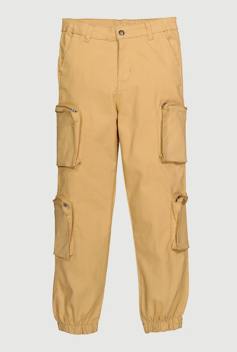 Girls Twill Zip Cargo Pocket Utility Joggers, Khaki, Size 12