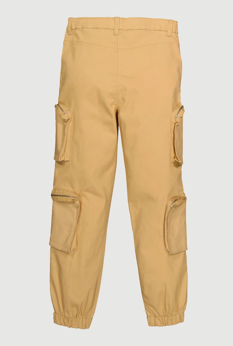 Girls Twill Zip Cargo Pocket Utility Joggers, Khaki, Size 12