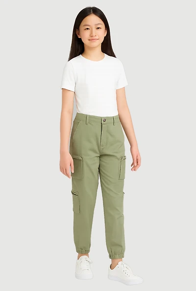 Girls Twill Zip Cargo Pocket Utility Joggers, Green, Size 10