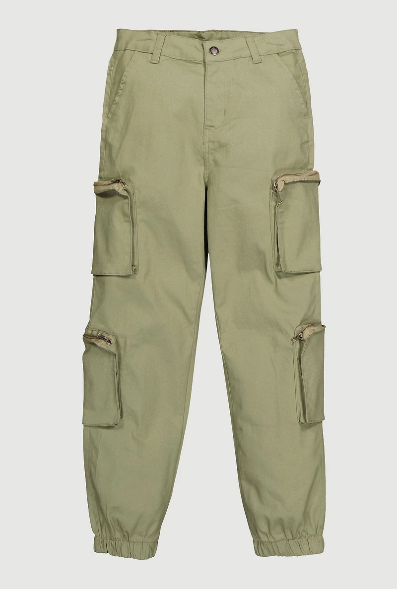 Girls Twill Zip Cargo Pocket Utility Joggers, Green, Size 10