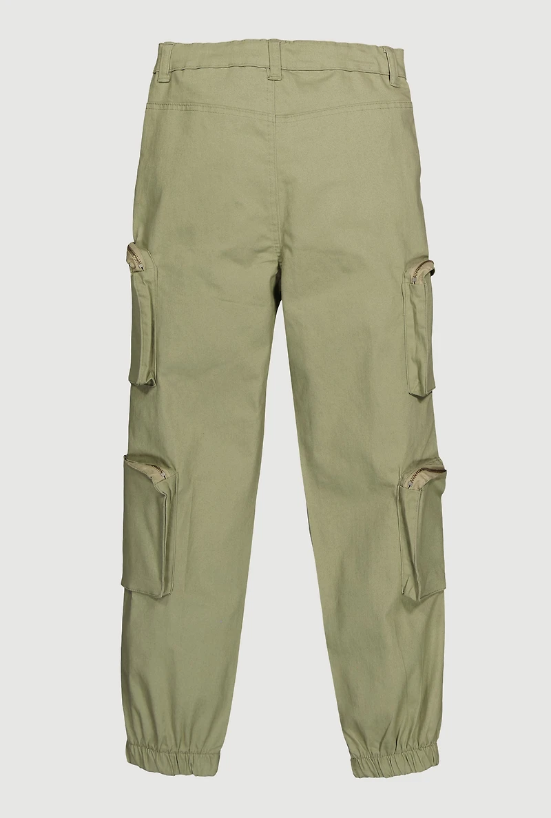 Girls Twill Zip Cargo Pocket Utility Joggers, Green, Size 10