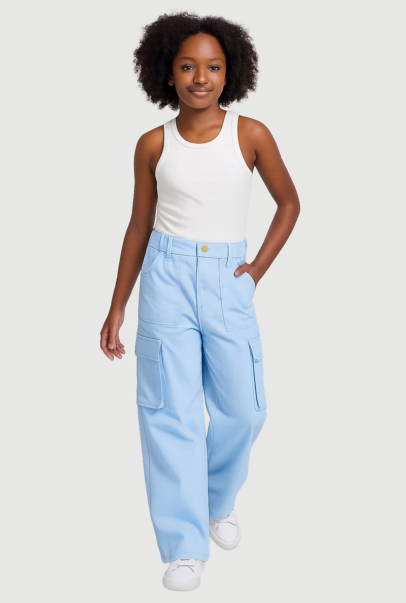 Girls Twill Stretch Cargo Pants, Blue,