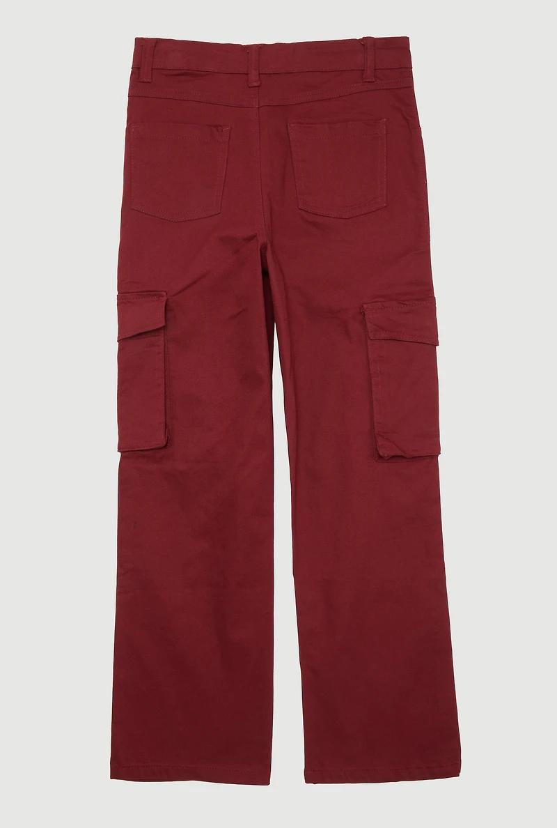 Girls Twill Stretch Cargo Pants, Burgundy,