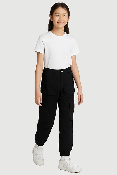 Girls Twill Utility Joggers, Black, Size 14-16