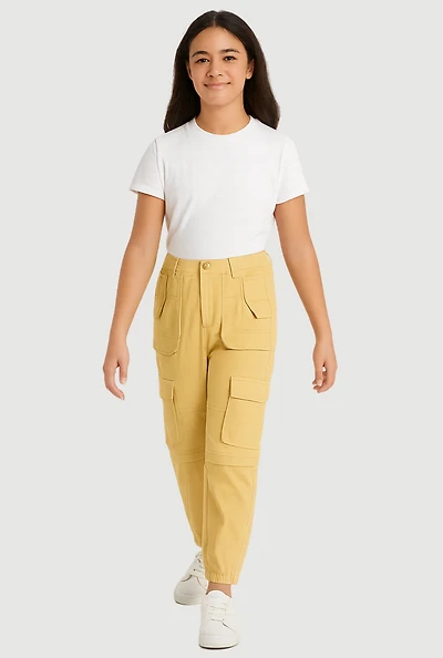 Girls Twill Utility Joggers, Khaki, Size 7-8