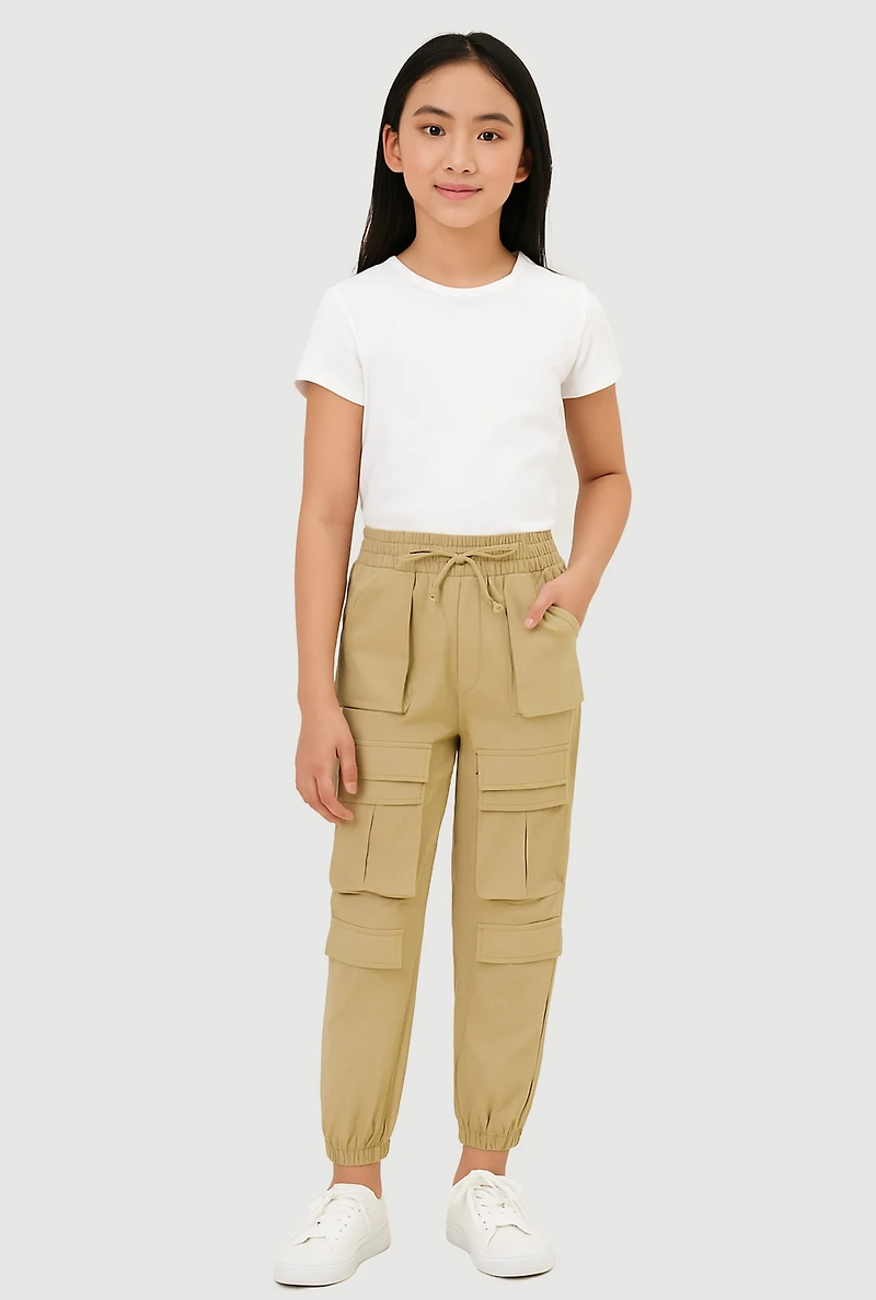 Girls Faux Drawstring Cargo Pocket Joggers, Khaki, Size 10-12