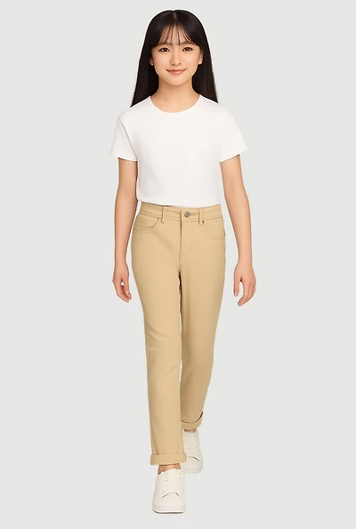 Girls Solid Hyperstretch Straight Leg Pants, Khaki, Size 10-12