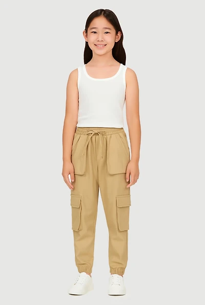 Girls Hyper Stretch Cargo Joggers, Khaki, Size 16