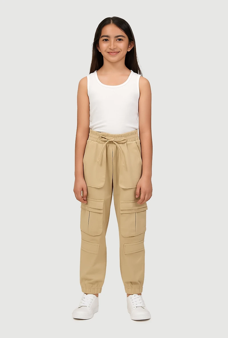 Girls Stretchy Cargo Pocket Joggers, Khaki, Size 10-12