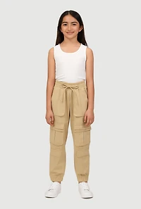 Girls Stretchy Cargo Pocket Joggers, Khaki, Size 10-12