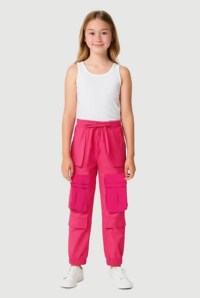 Girls Stretchy Cargo Pocket Joggers, Pink, Size 10-12