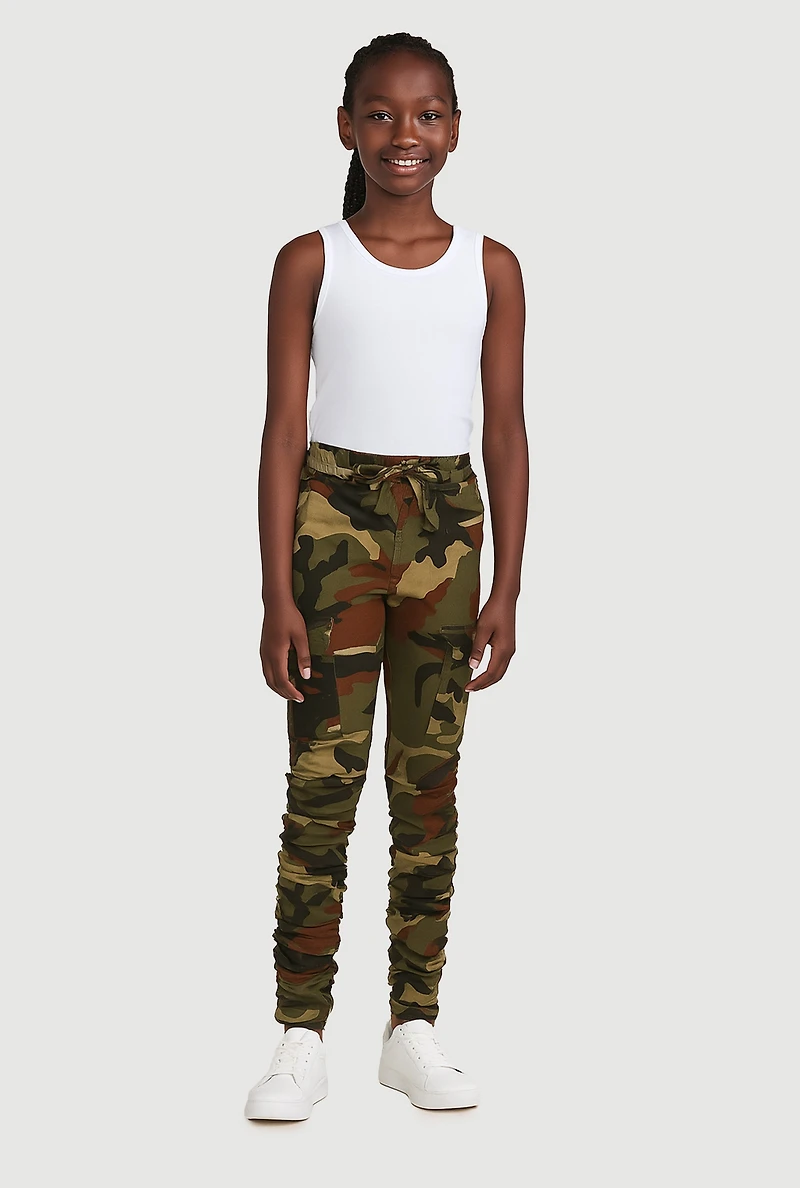 Girls Stretchy Ruched Cargo Pockets Joggers, Multi, Size 14