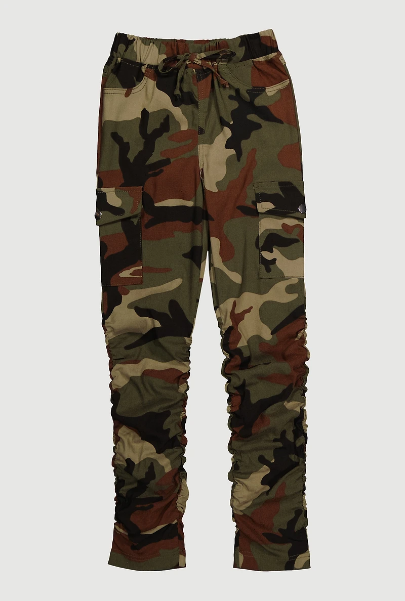 Girls Stretchy Ruched Cargo Pockets Joggers, Multi, Size 14