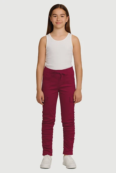 Girls Stretchy Ruched Cargo Pockets Joggers, Burgundy, Size 14