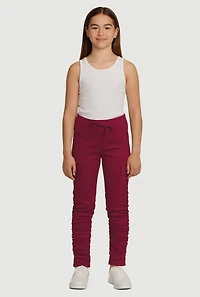 Girls Stretchy Ruched Cargo Pockets Joggers, Burgundy, Size 14