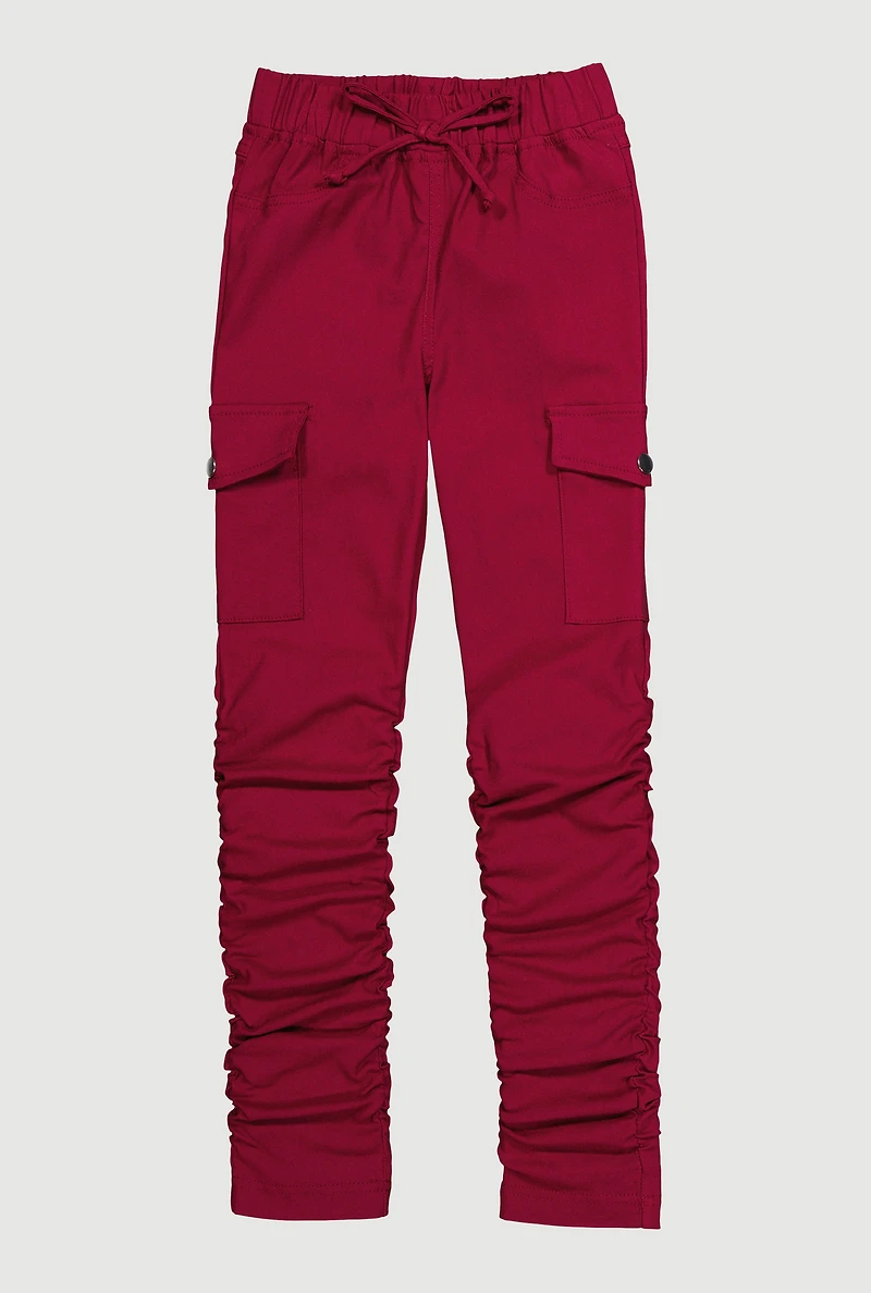 Girls Stretchy Ruched Cargo Pockets Joggers, Burgundy, Size 14