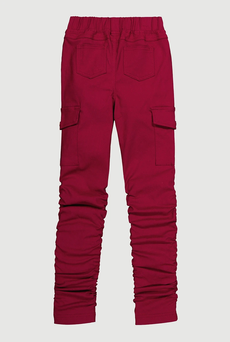 Girls Stretchy Ruched Cargo Pockets Joggers, Burgundy, Size 14