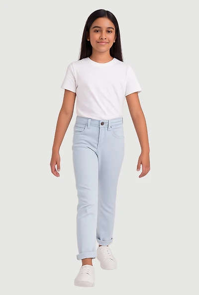 Girls Solid Hyperstrech Straight Leg Pants, Blue, Size 7-8