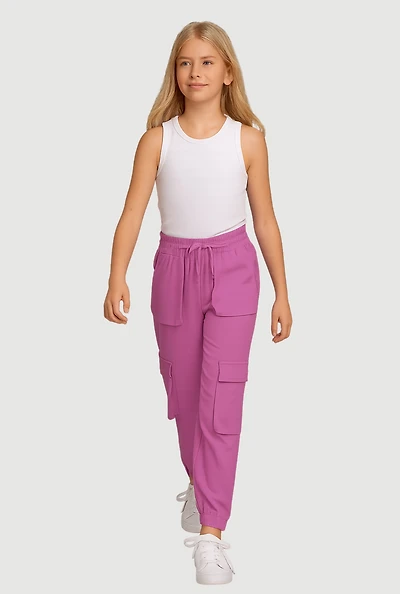 Girls Mid Rise Stretchy Cargo Joggers, Purple, Size 10-12