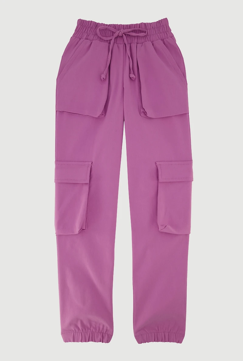 Girls Mid Rise Stretchy Cargo Joggers, Purple, Size 10-12