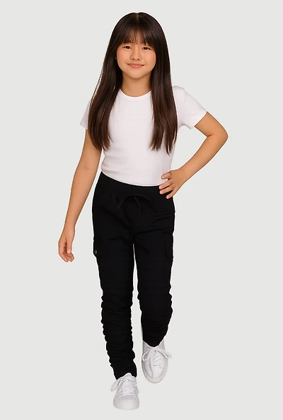 Girls Side Ruched Cargo Pants, Black, Size 10-12