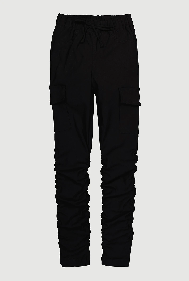 Girls Side Ruched Cargo Pants, Black, Size 10-12