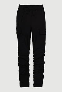 Girls Side Ruched Cargo Pants, Black, Size 10-12
