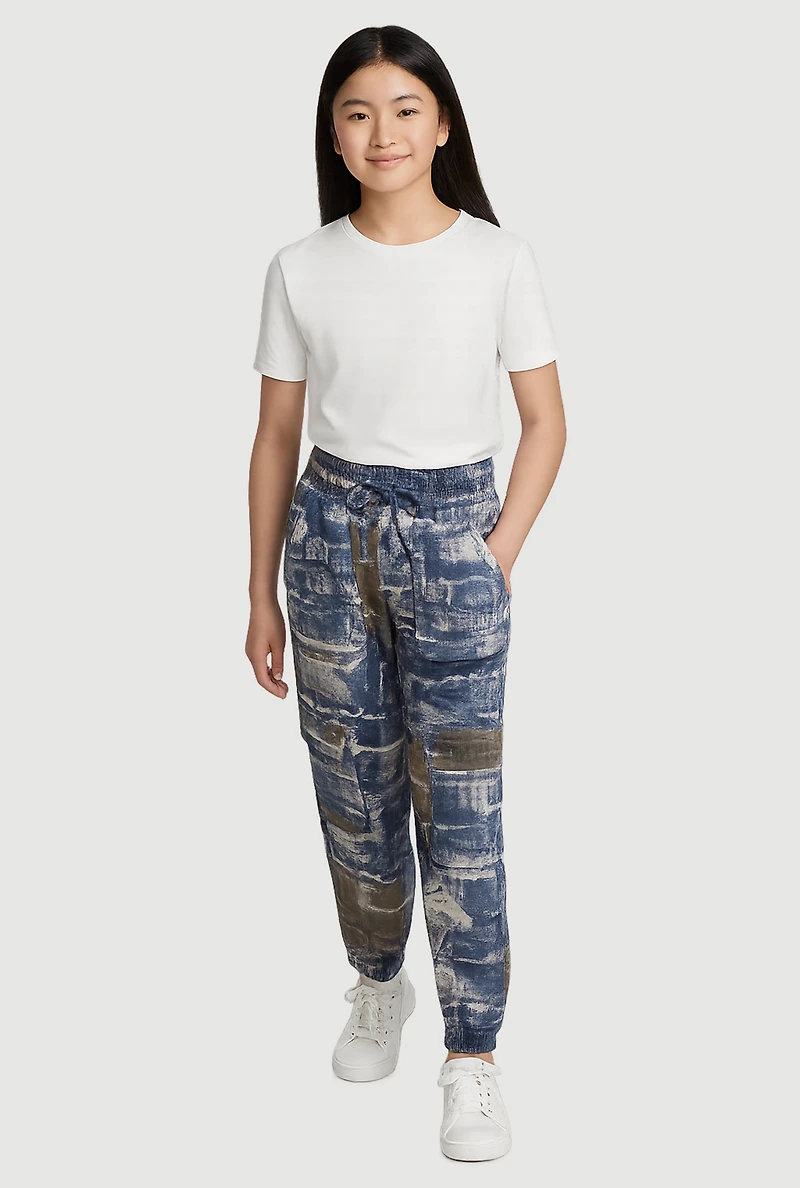 Girls Hyper Stretch Denim Print Cargo Joggers, Blue, Size 14