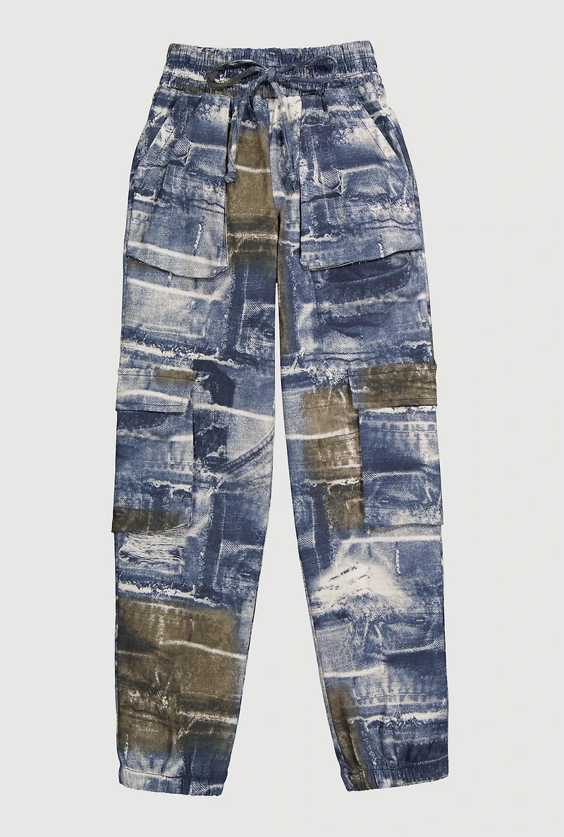 Girls Hyper Stretch Denim Print Cargo Joggers, Blue, Size 14