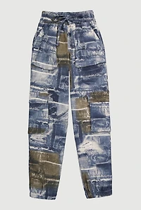 Girls Hyper Stretch Denim Print Cargo Joggers, Blue,