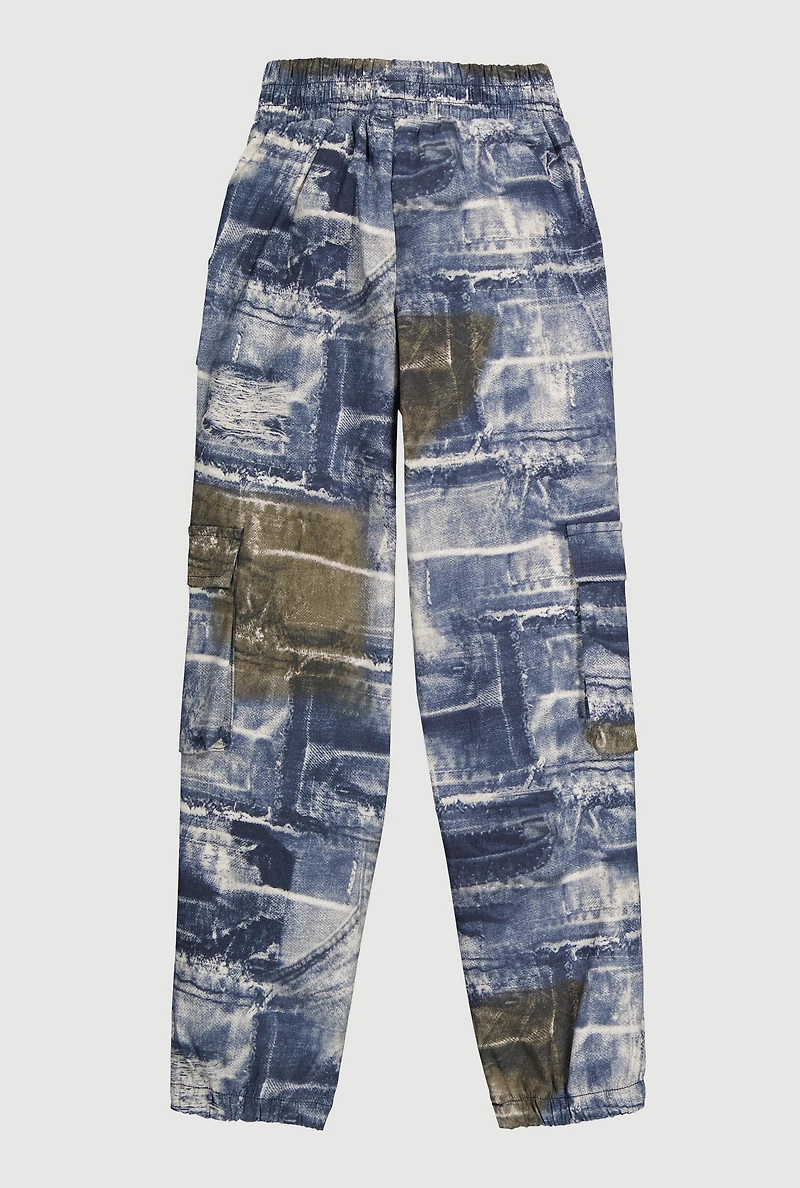 Girls Hyper Stretch Denim Print Cargo Joggers, Blue, Size 14