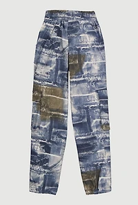 Girls Hyper Stretch Denim Print Cargo Joggers, Blue,